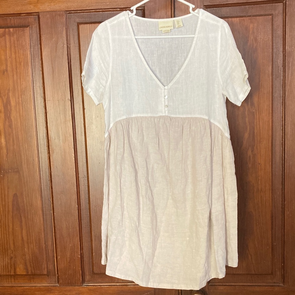 Cynthia Rowley 100% linen oversize babydoll mini dress white tan size S pockets